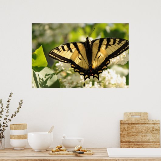 Gele vlinder op lila afdruk poster (Keuken)