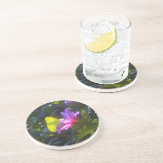 Gele vlinder op roze roze roze van Sharon Onderzet Zandsteen Onderzetter (Zijkant)