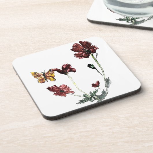 Gele vlinder rode papaver onderzetter (Linkerzijde)