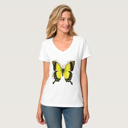 Gele Vlinder Vlinder V-Hals T-shirt (Voorkant volledig)