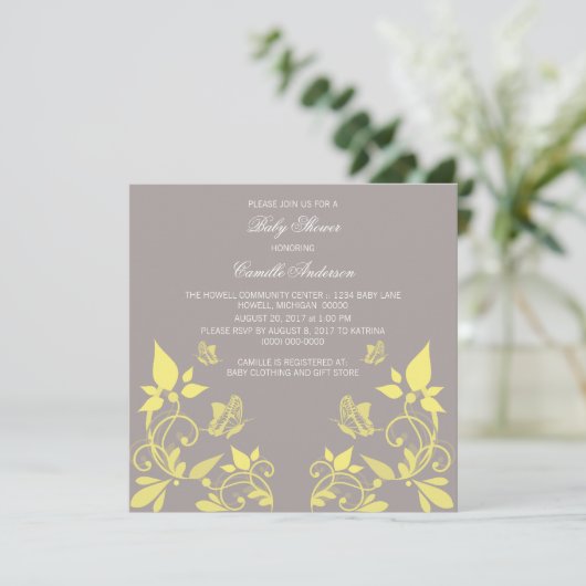 Gele vlinderbloemigen Baby shower uitnodigen Kaart (Staand voorkant)