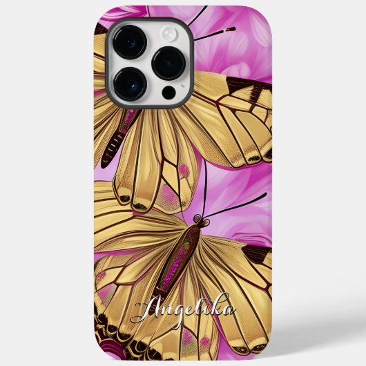 Gele Vlinders, Roze Bloemen Gepersonaliseerde Naam Case-Mate iPhone Case (Achterkant)