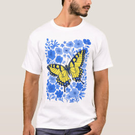 Gele vlinderstaart blauwe bloem t-shirt