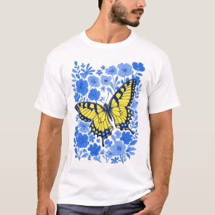 Gele vlinderstaart blauwe bloem t-shirt