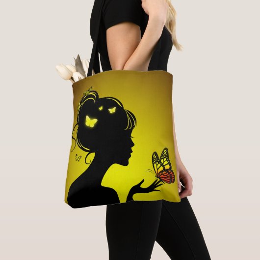 Gele vlindervrouw tote bag (Dichtbij)