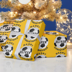 Gele Voetbalballen Kinderen Naam Kerstmis Cadeaupapier