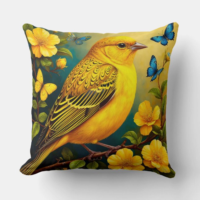 Gele Vogel Bloemen en Vlinders Huisdecoratie Kussen (Voorkant)