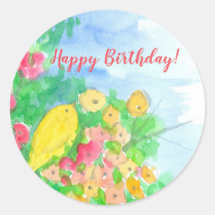 Gele Vogel Bloemen Gelukkige Verjaardag Custom Ronde Sticker