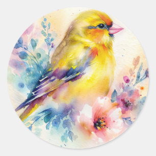 Gele vogel bloemige watercolorstickers ronde sticker