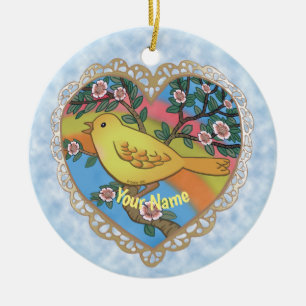 Gele Vogel Hart aangepaste naam Keramisch Ornament
