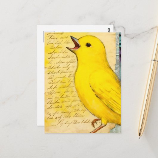 Gele Vogel Mixed Media Briefkaart (Voorkant / Achterkant in situ)