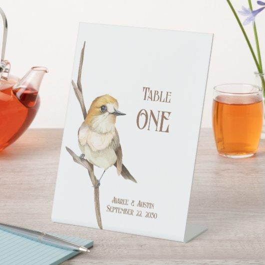 Gele vogel op een tak tabletop reclamebord met voetstuk (Insitu)