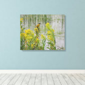 Gele Vogel op Gele Bloemen Canvas Afdruk (Insitu (Houten vloer))