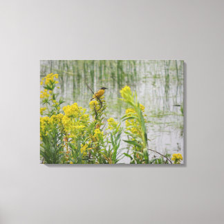 Gele Vogel op Gele Bloemen Canvas Afdruk