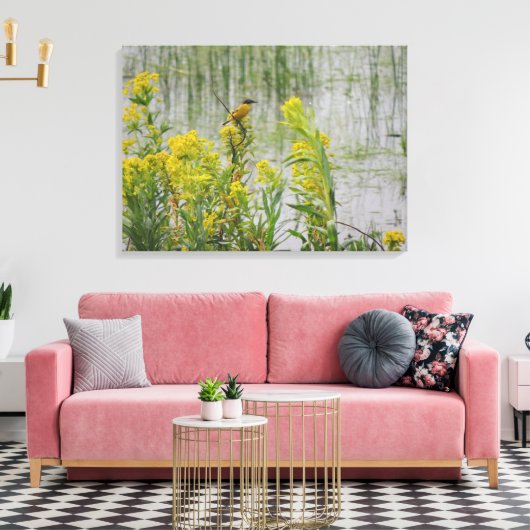 Gele Vogel op Gele Bloemen Canvas Afdruk (Insitu (Woonkamer))