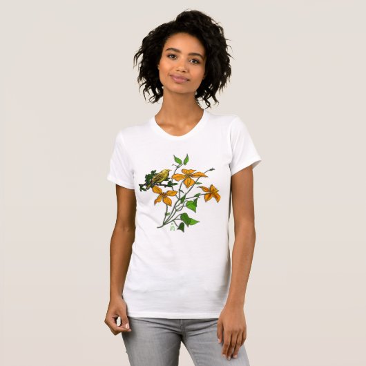 Gele vogel op Oranje tijgerlelies T-shirt (Voorkant volledig)