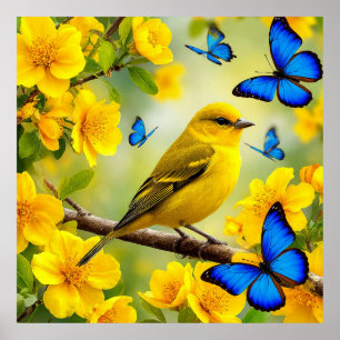Gele Vogel Op Tak Lente Natuur Muurkunst Poster