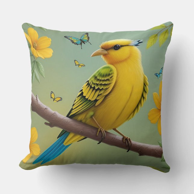 Gele Vogel Tak Kussen Natuur Accent Decoratie (Voorkant)