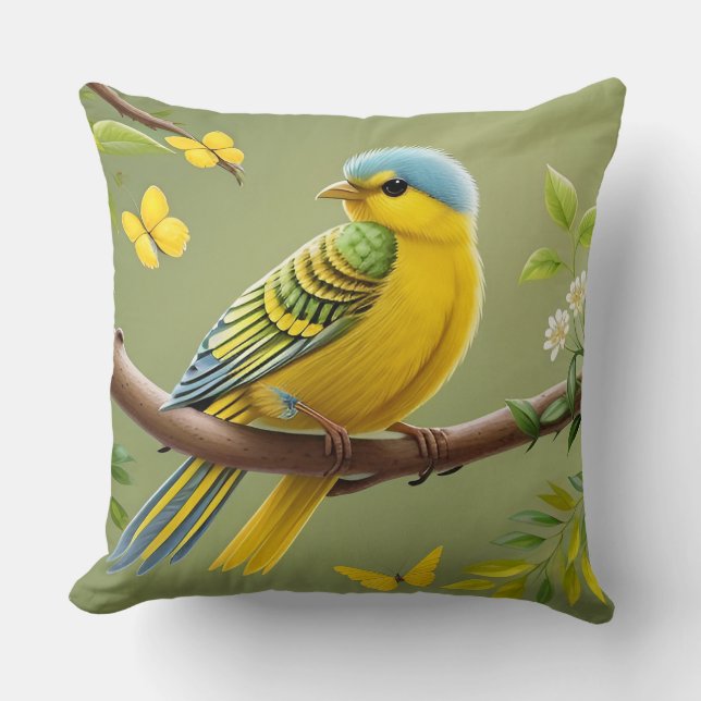 🦜 Gele Vogel Worp Kussen Botanische Natuur Decora (Voorkant)