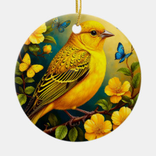Gele vogel zit tussen heldere bloesems keramisch ornament