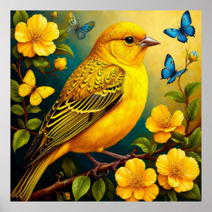 Gele vogel zit tussen heldere bloesems poster