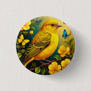 Gele vogel zit tussen heldere bloesems ronde button 3,2 cm