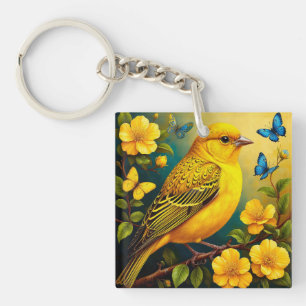 Gele vogel zit tussen heldere bloesems sleutelhanger