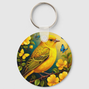 Gele vogel zit tussen heldere bloesems sleutelhanger