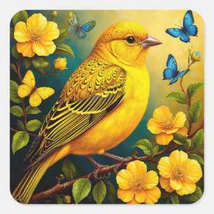 Gele vogel zit tussen heldere bloesems vierkante sticker