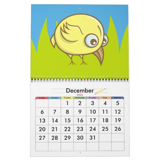 Gele vogelcartoon kalender (Dec 2026)