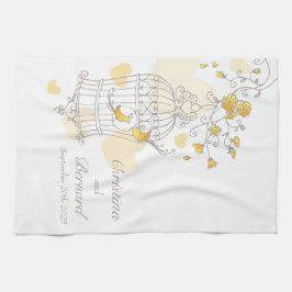 Gele vogelkooi bruiloft aangepaste keukenhanddoek