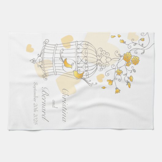 Gele vogelkooi bruiloft aangepaste keukenhanddoek (Horizontaal)