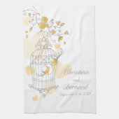 Gele vogelkooi bruiloft aangepaste keukenhanddoek (Verticaal)