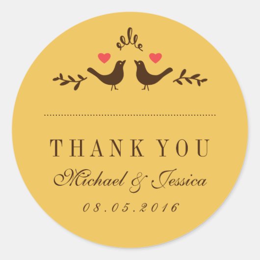 Gele vogels kleine hartbruiloft Dank je Sticker (Voorkant)