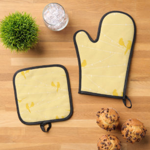 Gele Vogels op een draad Ovenwant & Pannenlap Set