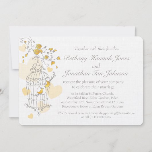 Gele vogels openen kooi aangepaste trouwuitnodigin kaart (Achterkant)