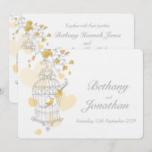 Gele vogels openen kooi aangepaste trouwuitnodigin kaart (Voorkant / Achterkant)