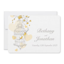 Gele vogels openen kooi aangepaste trouwuitnodigin
