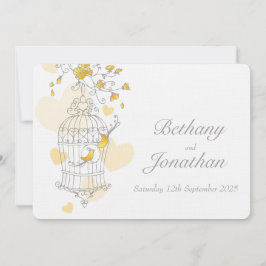 Gele vogels openen kooi aangepaste trouwuitnodigin kaart