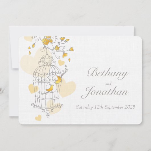 Gele vogels openen kooi aangepaste trouwuitnodigin kaart (Voorkant)