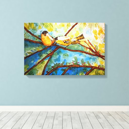 Gele vogelsoorten Waterverf Afdrukcanvas 20x13 Canvas Afdruk (Insitu (Houten vloer))