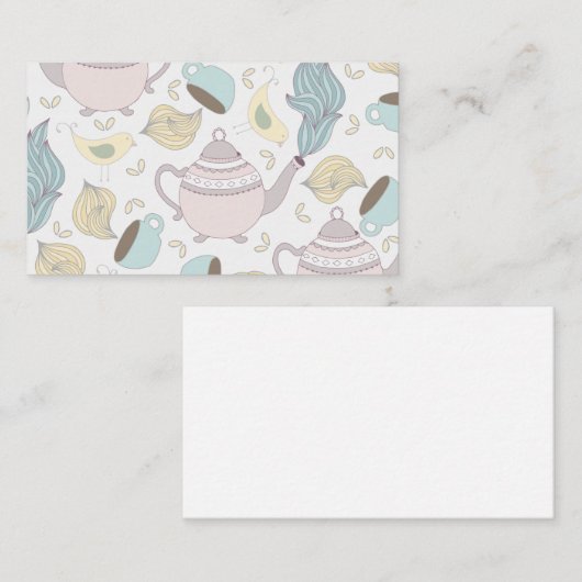 gele vogelteapot parelblauwe beker thee visitekaartje (Voorkant / Achterkant)