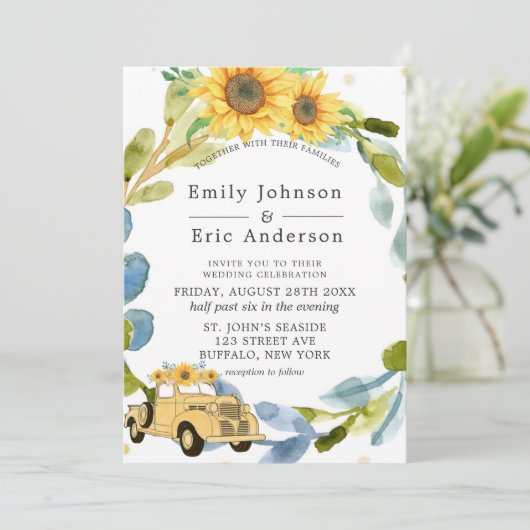  Gele Vrachtwagen - Zonnebloemen - Blauw huwelijk  Kaart (Staand voorkant)