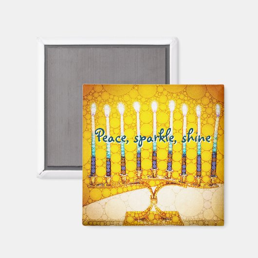 Gele Vrede Sparkle Shine Script Hanukkah Menorah Magneet (Voorkant / Achterkant)