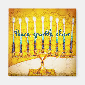 Gele Vrede Sparkle Shine Script Hanukkah Menorah Magneet (Voorkant)