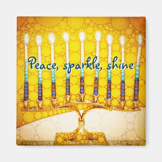 Gele Vrede Sparkle Shine Script Hanukkah Menorah Magneet (Voorkant)