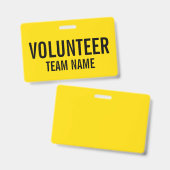 Gele vrijwilligersbadge met de naam van het team v badge (Voor- en achterkant)