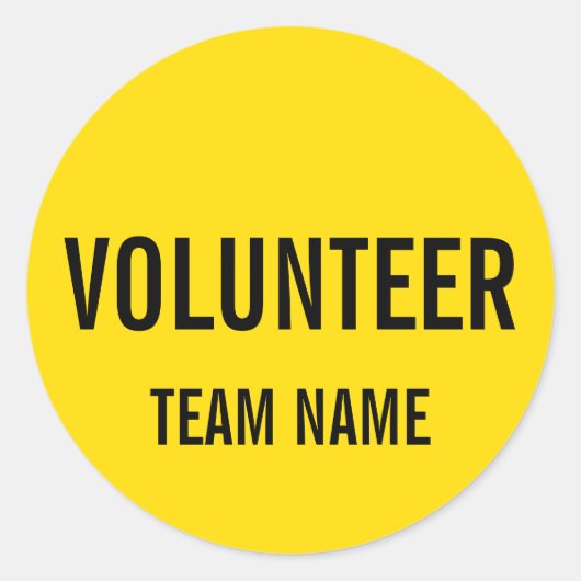 Gele vrijwilligersbadge met de naam van het team v ronde sticker (Voorkant)