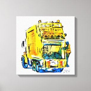 Gele vuilniswagen / Kunstenaar Larry Lerew Canvas Afdruk