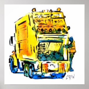 Gele vuilniswagen / Kunstenaar Larry Lerew Poster